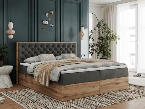 MKS MEBLE Boxspringbett 140x200 mit Bettkasten Holz Holzrahmen, Boxbett 140x200 mit Matratze H3 und Kopfteil - Dunkelgrau Velvet - Albero-3