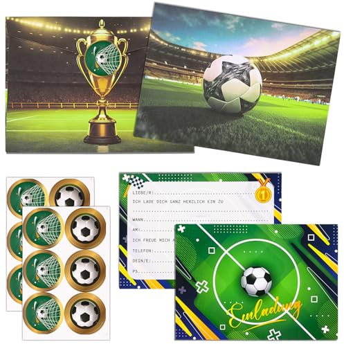 Dncvb 12 Einladungskarten Fussball Kindergeburtstag mit 12 Umschlag und 12 Aufklebern, Fußball Einladungskarten Jungen, Fußball Geburtstagseinladungen, Partyeinladungen für Jungen und Mädchen