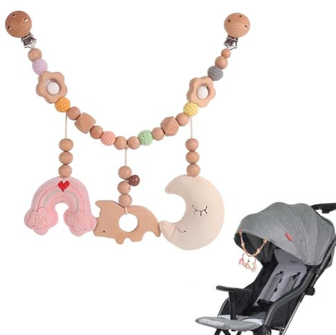 SKIKHN Kinderwagenkette Holz Baby, Kinderwagen Kette für Babys, Kinderwagen Spielzeug, Babymobile Kette, Kinderwagenkette Spielzeug, für Kinderbett, Autositz, Babyschale, für Babys und Kleinkinder