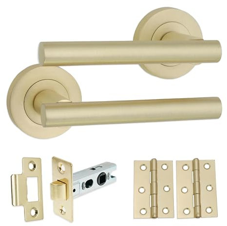 Infinity Decor Pack of Satin Brass T-Bar Lever Door Handle on Rose with Tubular Latch and Butt Hinges Set - Pull Handles for Internal and External Doors