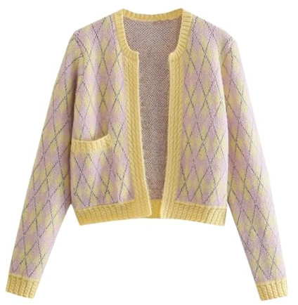 Damen Sweet Plaid Rautenmuster Rundhals Langarm Strickwaren Cardigan Langarm Sweater, gelb, S