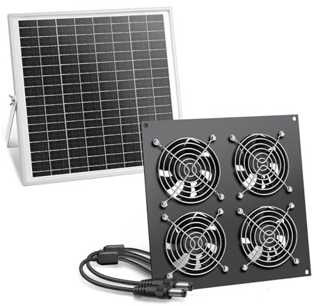 ZINIKIF Ventola solare, pannello solare 15 W, con quattro ventilatori impermeabili IP67, adatto per piccole nicchie, serre, capanni, case per animali domestici, ingresso di aria o gas
