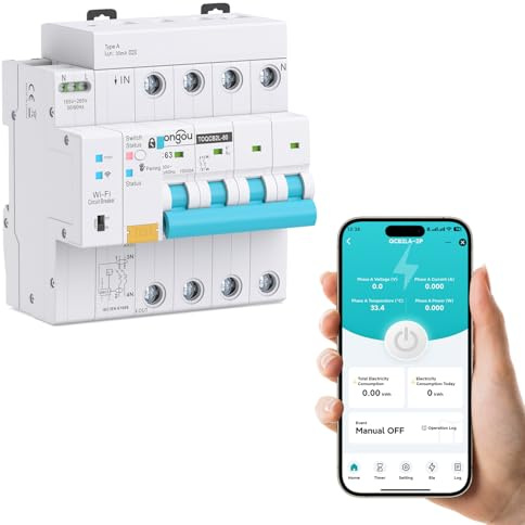 TONGOU Disjoncteur WiFi FI RCBO 4P 63 A 30 mA Disjoncteur FI Type A pour la maison et les prises de courant Icu10ka Montage DIN Télécommande intelligente