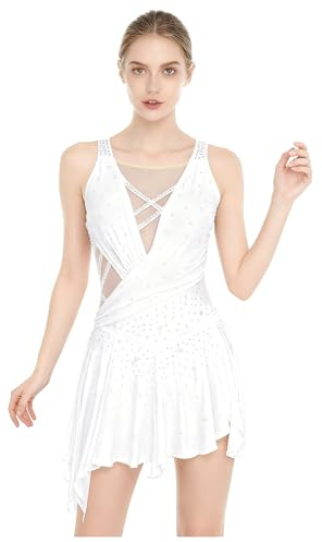 Agoky Damen Eiskunstlauf Kleid Ärmelloses Ballettkleid Glitzer Tanzkleid Mesh Spleiß Gymnastik Leotard Turn Trikot mit Unregelmäßig Rock Rollschuh Eislaufen Bekleidung