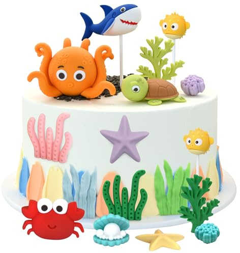 SAYHALO 17 Stück Ozean Tortendeko Set – Unterwasserwelt Kuchendeko, 3D Cake Topper für Kindergeburtstag & Baby Party, Meeres Tiere Party Supplies