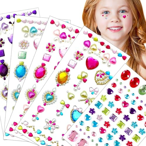 Kinretixia 5 Stück Edelsteinaufkleber zum Aufkleben – selbstklebende Gesichtssteine, Strasssteine, Prinzessinnenaufkleber für Kinder, funkelnde Acryl-DIY-Dekoration, Belohnung für Kinder
