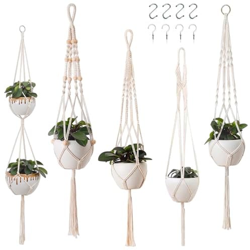 Makramee Blumenampel, 5 Stück Boho Deko Makramee Hängeampel mit Haken, Baumwollseil Hängepflanzen, Boho Zimmer Deko Aesthetic Hängeampel, Blumentopf Hängend für Innen Außen Decken Balkone Wand Deko