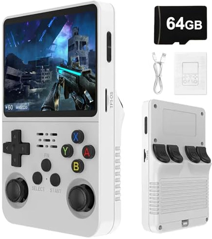 R36S Retro Portable Game Console De Jeux-3.5 IPS Écran, 21000 Jeux Classiques 3500mAh Batterie, Système Linux Portable Mini Console De Jeu-White||64G