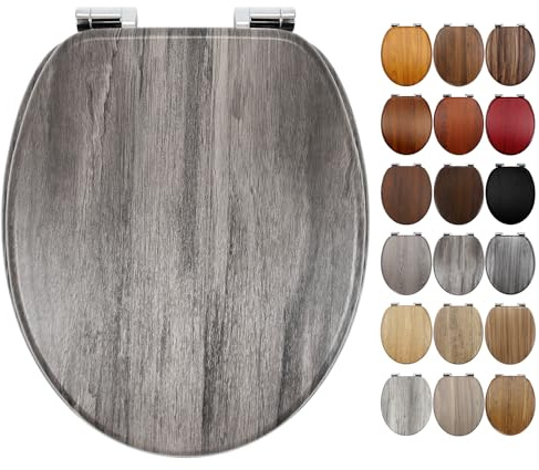 Fanmitrk WC Sitz mit Absenkautomatik, hochwertiger Toilettendeckel aus MDF Holz, Einfache Montage Stabiler Klodeckel, Toilettensitz passend für Standard-O-Form-WC (dunkelgraue Eiche-Optik)