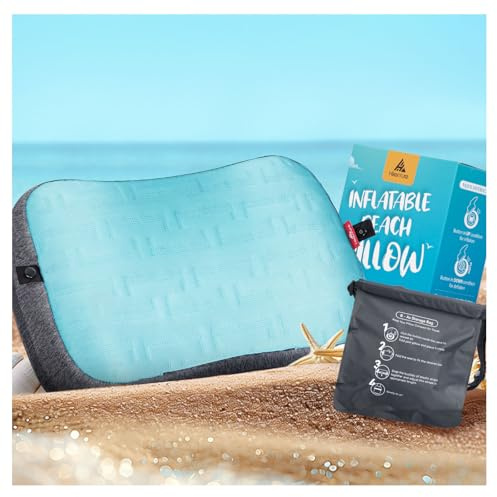 HIKENTURE Aufblasbares Kissen Strand, Strandkissen mit Kissenbezug | Strandkissen Aufblasbar, mit Abziehbarem Kissenbezug, mit Sandtasche, Ergonomisches Kopfkissen, Bequemes Nackenkissen