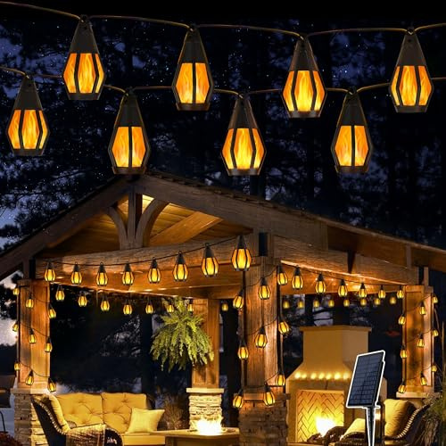 Geemoo Solar Lichterkette Aussen mit Flammen, 13.3M 20 Bulbs Lichterkette Außen Solar mit Realistischer Flammeneffekt, IP65 Wasserdicht Hängend Solarlampen für Outdoor Garten Party Balkon Bistro Cafe