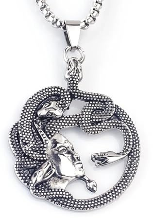 DUTACK Griechische Mythologie Medusa Halskette Damen Herren, Edelstahl Schlangenkopf Schmuck, Gothic Punk Hip Hop Amulett, 60cm Kette, Box