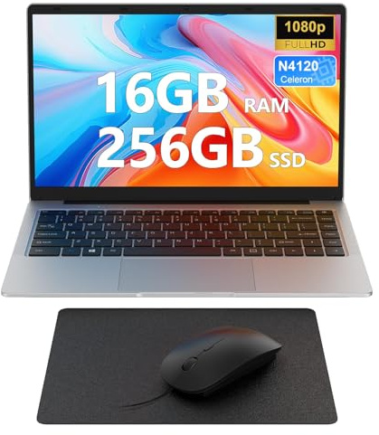 Ordinateur Portable 14 pouces, 16Go DDR4 RAM 256Go SSD Win11 PC Portable, Celeron N4120, 1920x1080 FHD IPS, 5G WiFi/Mini HDMI/USB/BT, Soutien Extension 1TB, inclut Souris/Tapis de Souris/AZERTY Film