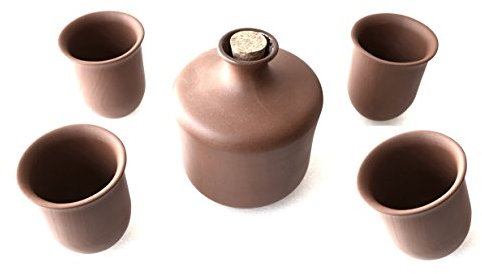 Akru-Keramik Tonset 1 l und 4 Becher 0,2 l unglasiert - Ton, Kork - Becher - Trinkset - Trinkgefäße - Tonflasche-Set - 0,7 Liter