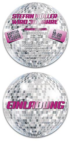 20 x Runde Einladungskarten Geburtstag Durchmesser 148 mm 70er Jahre Disco Party Discokugel Einladung