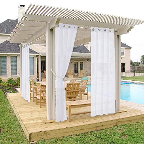 NICETOWN White Outdoor Sheer Curtain for Patio Waterproof, Rustproof Grommet Indoor Outdoor Sheer Voile Drape for Porch/Pergola with Rope Tieback, 1 Piece, 54 inch Wide by 96 inch Long