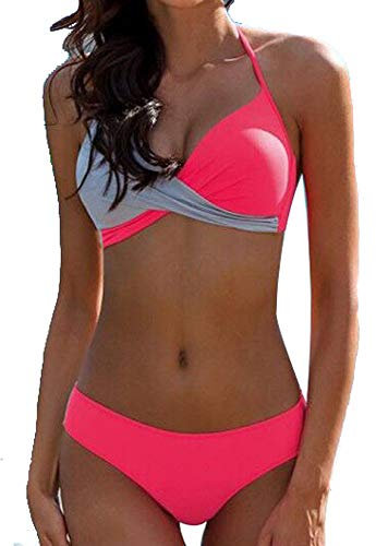 JFAN Femme Maillots de Bain Deux Pièces Push-up Maillot de Bain Triangle Amincissant Classique Bikini Set,Rose-XL