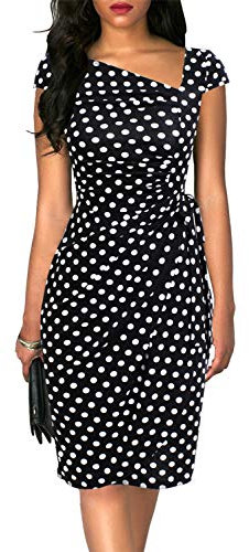 Women's Vintage Cap Sleeves Asymmetrical Neckline Sheath Bodycon Casual Work Cocktail Party Pencil Faux Wrap Dresses, Black Dot, L