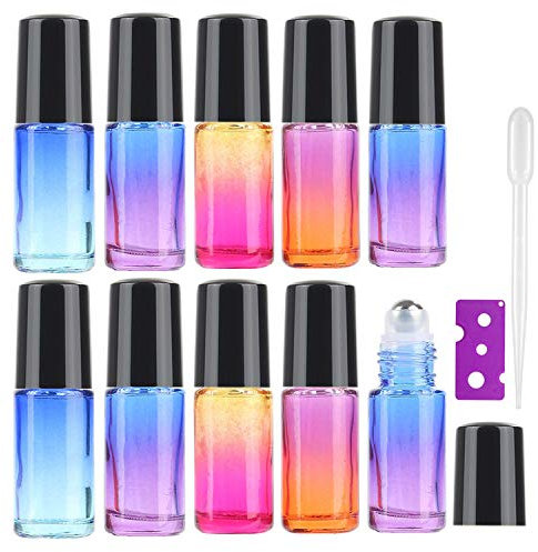 JamHooDirect 10Pcs, 5Ml Essential Oil Roll on Bottles Refillable Rainbow Glass Roller Bottles with Stainless Steel Roller Balls & Black Caps & Bottle Opener, Perfect for Aromatherapy, Fragrance