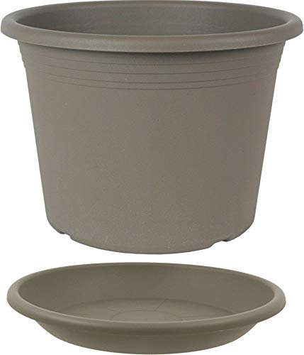 MePla - Blumentopf Pflanzkübel Cylindro ø35 cm + Untersetzer ø34 cm, Taupe, wetterfest aus UV-beständigem Kunststoff