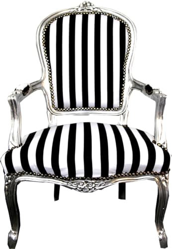 Casa Padrino Barock Salon Stuhl Schwarz/Weiß Streifen/Silber - Möbel gestreift