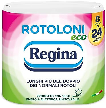 Rotoloni Regina Eco - 8 Maxi Rotoli di Carta Igienica, 500 Fogli a 2 Veli, Lunghi Più del Doppio dei Normali Rotoli, Confezione in Carta Riciclabile, Carta 100% Certificata FSC