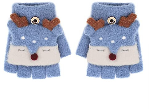 JIAHG Kinder Halbfinger Handschuhe Fingerlose Fäustlinge Mädchen Winter Cartoon Fingerhandschuhe Strickhandschuhe Thermohandschuhe mit Klappe (Blau A)