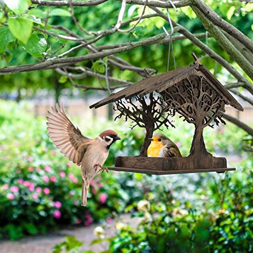 Rpporm Garten Vogelfutterhaus Holzhaus aus Natur-Holz für Gartenvögel wetterfest, Vogelhaus zum Aufhängen im Garten und Balkon Hof Villa Balkon Vogelhäuschen Gartendeko