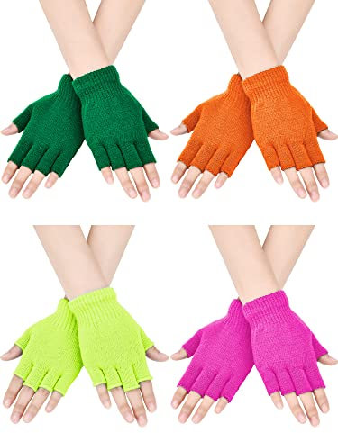 Bememo Fingerlose Handschuhe, Halbfinger-Handschuhe, Winter, einfarbig, gestrickt, für Jungen und Mädchen, 4 Paar, Orangerot, Hautrot, Smaragdgrün, fluoreszierendes Grün, 38