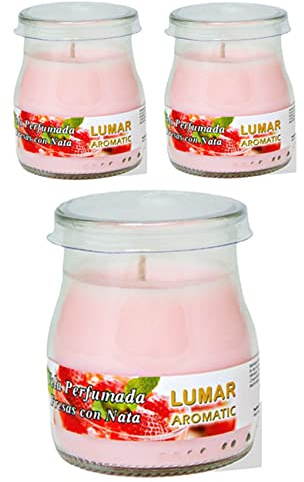 Velas aromáticas en vaso de yogurt cristal con tapa PlusHome (Fresas Con Nata, Pack 3)