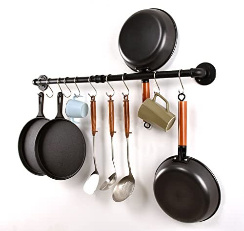 HOEMLIM Pipe Pot Pan Rack Wall Mounted Industrial Utensil Lid Holder Cookware Hanger Kitchen Organizer Hanging Bar Rail with S Hooks(36 inch,Black)