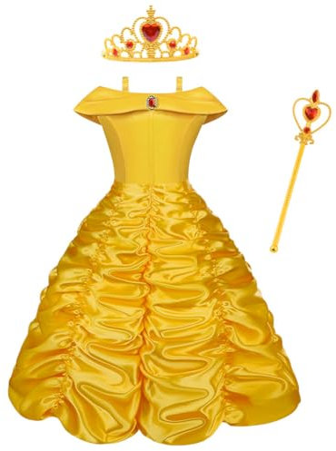 Vicloon Belle Cosplay Costume, Principessa Belle Carnevali Costume Vestito da Ragazza con Principessa Corona, Principessa Bacchetta, Festa di Compleanno Natale Holloween Cosplay Party, 100CM