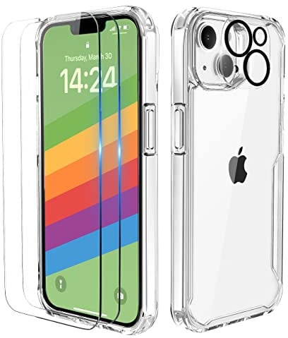 ORETECH pour Coque iPhone 14 avec 2 Verre Trempé Protection écran et 1 Caméra Protecteur,Souple Silicone Bumper Dos PC Rigide Clair Coque iPhone 14 Antichoc Etui iPhone 14 Case Transparente