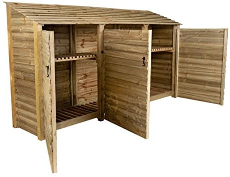 Arbor Garden Solutions wooden log store with doors 6ft, firewood storage (W-335cm, H-180cm, D-88cm), natural finish (With kindling shelf)