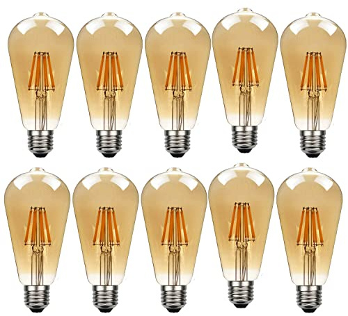LEDSone LED E27 Light Bulb, ST64 8W(60W Equivalent) LED Dimmable 2700K Warm White Amber Glass Teardrop Shape Edison Screw Vintage Style Squirrel Cage Lamp - Pack of 10