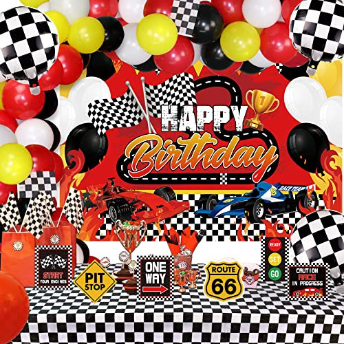 Race Car Birthday Party Decorations - Includes Happy Birthday Backdrop Banner, Triangle Bunting Flag, Tablecloth, Car Signs, Balloons, for Kid Boy Let's Go Racing Themed Party Supplies