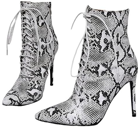 Frankie Hsu Stivaletti con tacco alto, sexy bianco nero finto pitone serpente lucertola sottile, stilista elegante di grandi dimensioni US4-14 scarpa corta per le donne, bianco, 42.5 EU