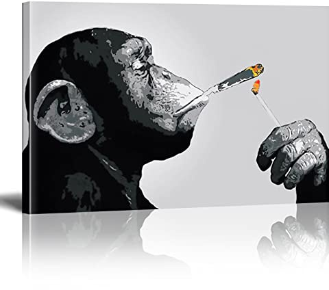 Banksy Bilder Monkey Chimp Smoke Banksy Wandbilder XXL Leinwand-Bild Graffiti Street Art Modern Bild für Wohnzimmer Büro fertig Home Wanddekoration zum Aufhängen Mit Rahmen（60×80cm）23.6×31.5 Zoll