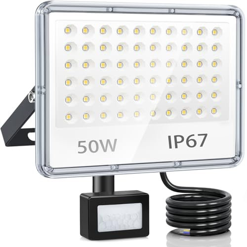 YIQIBRO LED Strahler mit Bewegungsmelder Außen 50W, 5000LM LED Scheinwerfer mit Bewegungsmelder, 7000K Kaltweiß Außenstrahler, IP67 Wasserdichte Fluter für Lager Garten Garage