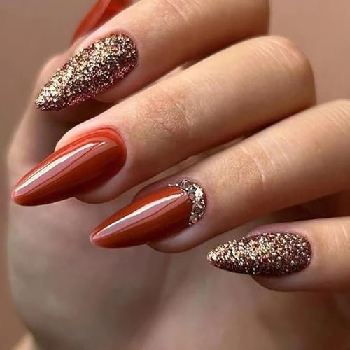 Ceboic 24Pcs Almond Press on Nails Medium, Red Brown French Glossy False Nails, Glitter Rhinestones Design Fake Nails with Jelly Glue, Stiletto Reusable Full Cover Acrylic Stick on Nails for Women