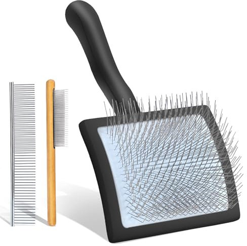 COZYGIFT Dog Slicker Brush for Medium or Long Haired Dogs, Long Pin Slicker Brush for Removes Loose Hair, Tangles and Knots, Best Grooming Tools for Small Animals, Large, Free Pet Comb, Black