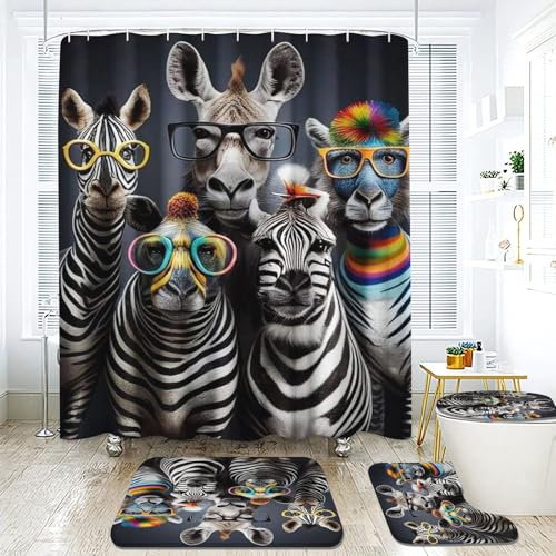 Goplnma Zebra Duschvorhang 180 x 200 180 x 180 Cartoon Zebra Duschvorhänge Wasserdichtes Polyester 3D Zebra Duschvorhang Badezimmermatte 4-teiliges Set (120 x 200 cm,4)