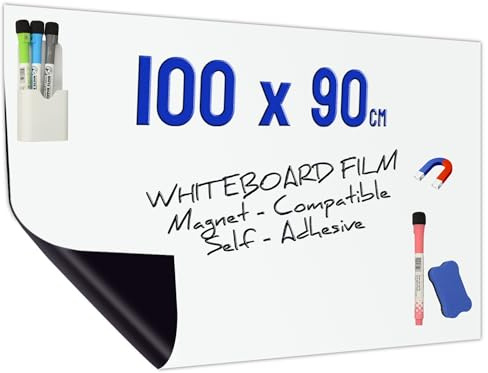 Minadax Whiteboard Folie 100 x 90cm | Magnet Haftend | Zuschneidbar + Stifte mit Halter + Wischer
