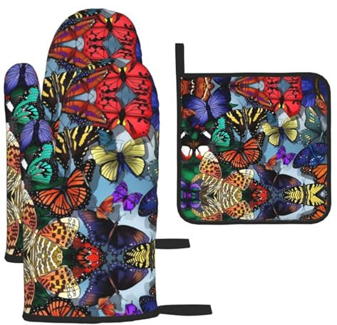 Guanti da forno e presine disegnati a mano a forma di farfalla, guanti e supporti per barbecue (set da 3 pezzi)