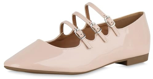 VAN HILL Damen Riemchenballerinas Flach Lack Klassisch Schuhe 215360 Beige Lack 38