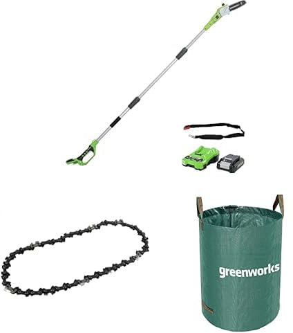 Greenworks Cordless Long Reach Pole Saw (Great for Pruning and Trimming Branches), 8 Inch (20cm) Bar Length, 24V 2Ah Battery & Charger + Greenworks 20cm Chain + Greenworks 120 L Garden Waste Bag