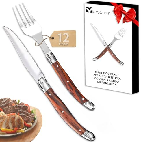 Cubiertos carne mesa acero inoxidable madera 12 uds con 6 uds de cuchillos carne mesa de 23 cm y 6 uds de tenedores de carne mesa de 22 cm cubiertos para carne juego de cubiertos para carne