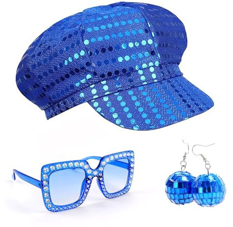 Yozexin 3 Stück 70er Jahre Paillettenhut Abba Hut Abba Zubehör Disco Kostüm Glitzer Abba Pailletten Baskenmütze Ohrringe Quadratisch Bling Sonnenbrille Retro für Frauen Mottoparty Geburtstag Tanz
