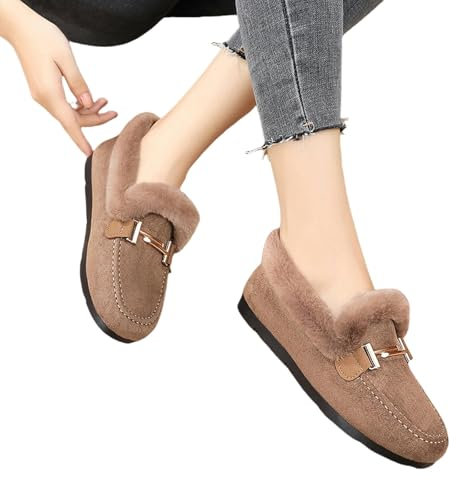 LINYAXIA Pantofole di Cotone Scarpe Pelose per Donne, Peluche di Cotone, Scarpe da Donna in Pelliccia Lussuosa, Scarpe da Casa-cachi-35