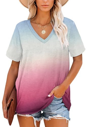 MOLERANI t-Shirts pour Femmes à Manches Courtes col en V Hauts d'été Garniture rayée t-Shirt décontracté en Vrac Gris dégradé Rose XL